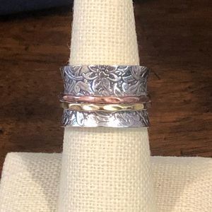 Tricolor Engraved Sterling Silver Spinner Ring